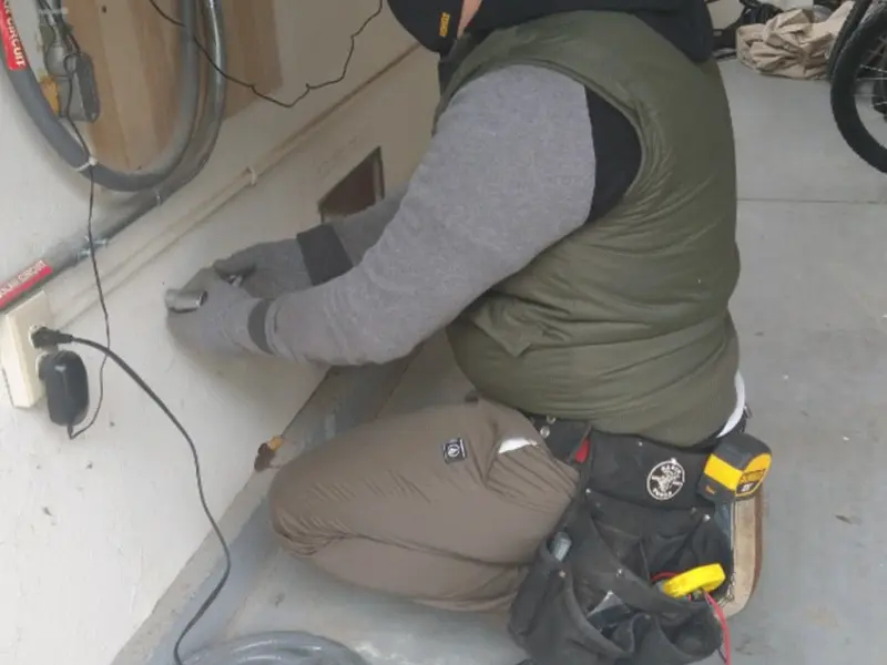 Electrician performing outlet wiring in a Schuylkill garage